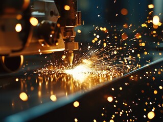 Poster - Industrial Laser Cutting Process Creating Sparks and Light Effects in a Modern Workshop with Metal Workpieces Undergoing Precision Fabrication