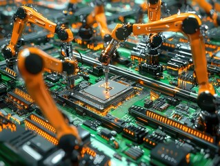 Poster - Advanced Robotic Arms Assembling Microchips on a Circuit Board in a High-Tech Environment Showcasing Automation and Precision in Electronics Manufacturing