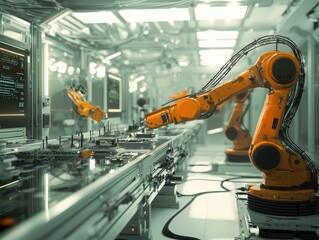 Poster - Futuristic Robotics Factory with Advanced Robotic Arms Operating on Assembly Line in High-Tech Industrial Environment
