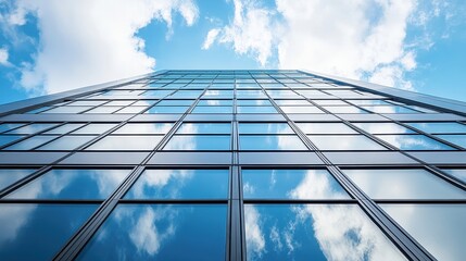 Poster - Modern Glass Building Reflection Under Clear Sky with Clouds, Showcasing Architecture, Symmetry, and Urban Design in a Futuristic Cityscape Perspective