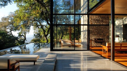 Poster - Modern architectural design featuring a spacious living area with large glass windows, stone walls, and serene outdoor views in a nature-inspired setting