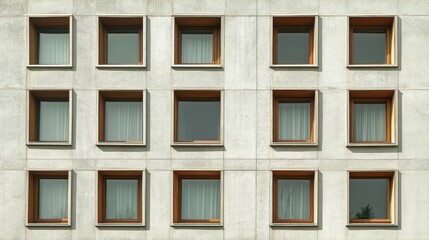 Poster - Modern Architectural Design Featuring Symmetrical Windows with Wooden Frames and Glass Panes on a Concrete Wall in Urban Environment