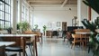 © BloomArt - Bright, modern co-working space with wooden tables and chairs.