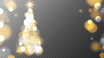 Poster - Christmas tree and bright blurred bokeh lights. Vibrant defocused glowing lights effect. Transparent background. Overlay template. Vector illustration.