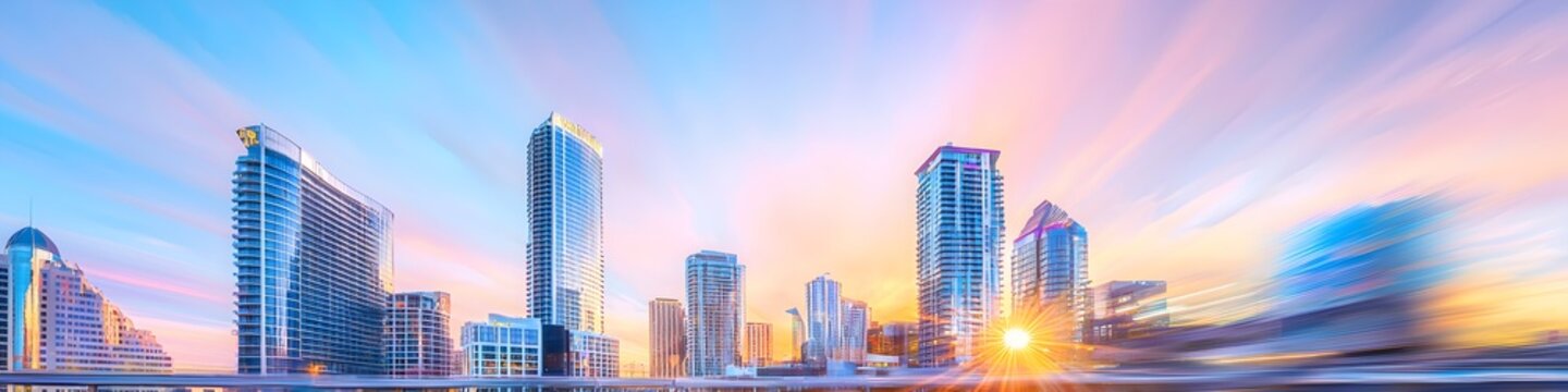 A vibrant cityscape of Nevada at dusk, showcasing the iconic landmark with high-rise buildings . The sky is painted with hues of blue and purple as the sun sets behind them, casting long shadows