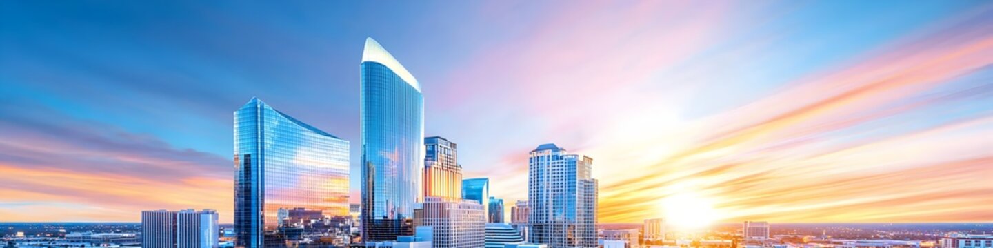 A vibrant cityscape of Nevada at dusk, showcasing the iconic landmark with high-rise buildings . The sky is painted with hues of blue and purple as the sun sets behind them, casting long shadows
