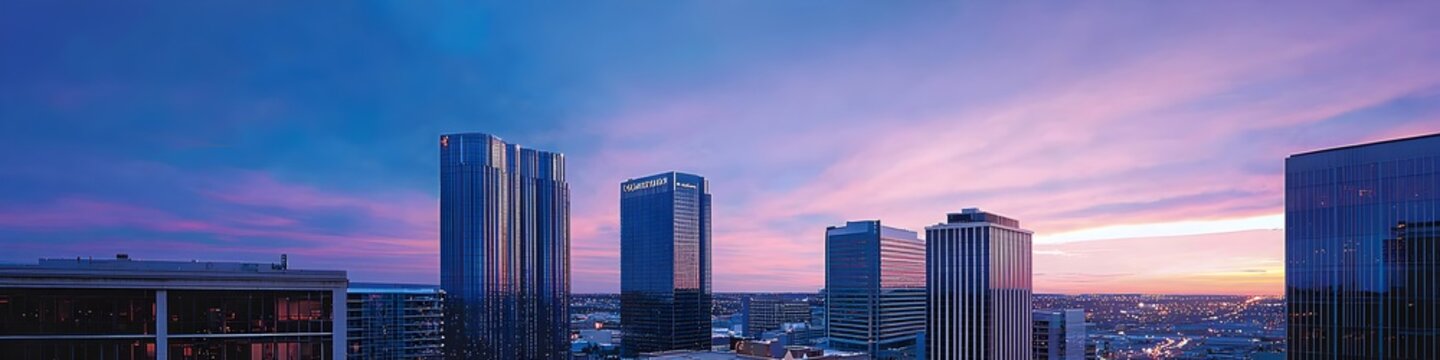A vibrant cityscape of Nevada at dusk, showcasing the iconic landmark with high-rise buildings . The sky is painted with hues of blue and purple as the sun sets behind them, casting long shadows