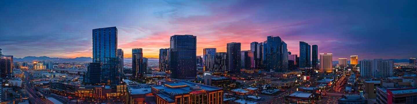 A vibrant cityscape of Nevada at dusk, showcasing the iconic landmark with high-rise buildings . The sky is painted with hues of blue and purple as the sun sets behind them, casting long shadows