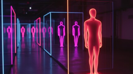 Poster - A vibrant, futuristic scene featuring illuminated human figures in neon pink and blue, creating a striking visual experience in a dark space.