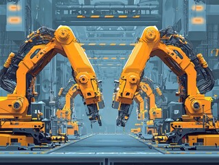 Poster - Futuristic Industrial Scene Featuring Advanced Robotic Arms Engaged in Precision Automation Within a High-Tech Manufacturing Environment