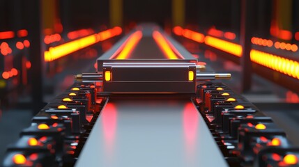 Poster - Industrial Conveyor System with Automated Equipment Featuring Bright Orange Lights and a Central Control Element in a Modern Production Facility