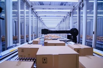 Poster - Efficient Automated Warehouse Handling System with Conveyors and Robotic Arm for Streamlined Package Processing and Sorting in a Modern Distribution Center