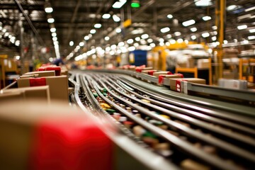 Poster - Automated Warehouse Conveyor System with Packages in Motion, Lighting and Infrastructure Focusing on Efficiency and Modern Logistics Operations
