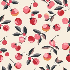 Poster - Vibrant Cherry Blossom Pattern with Colorful Fruits and Leaves on Light Background, Perfect for Textiles, Wallpapers, and Graphic Design Projects