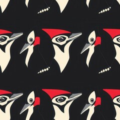 Poster - Seamless Pattern Featuring Stylized Woodpecker Illustrations with Bold Colors and Geometric Shapes Ideal for Textiles, Wallpaper, and Graphic Design Projects