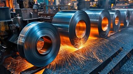 Poster - Sparks Fly as Steel Coils Are Manufactured on Industrial Production Line in Modern Factory, Showcasing Precision and Advanced Technology in Metalworking Processes