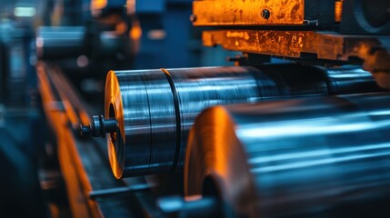 Poster - Industrial Metalworking Process in a Manufacturing Facility Featuring Precision Machinery and Steel Rolls Under Dramatic Lighting Conditions