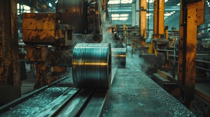 Poster - Industrial Manufacturing Process in Large Factory Showing Metal Sheets Being Rolled, Creating Sparks in a Well-Lit and Spacious Environment