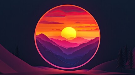 Wall Mural - Vibrant sunset over layered mountains viewed through a circular frame.