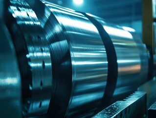 Poster - High-Resolution Close-Up of Industrial Machine with Shiny Metal Rollers in a Factory Setting, Highlighting Precision Manufacturing and Engineering Processes