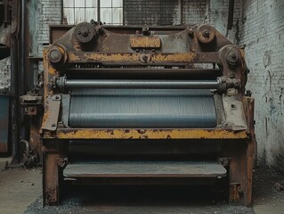 Poster - Vintage Industrial Roller Machine in Abandoned Factory, Rusty Metal Parts and Weathered Surface Show History and Use in Manufacturing Processes