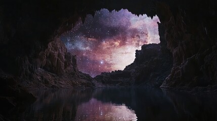 Wall Mural - Cave entrance reveals stunning night sky reflected in still water.