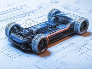 Poster - High-Tech Electric Car Concept with Blueprints Showing Detailed Design and Innovative Features for Future Automotive Engineering and Sustainable Transportation