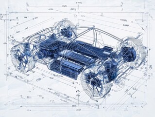 Poster - Detailed Technical Blueprint of a Modern Electric Vehicle Chassis Featuring Intricate Components and Engineering Specifications for Automotive Design and Development