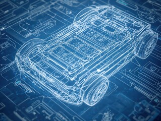 Poster - Detailed Blueprint of an Electric Vehicle Chassis with Digital Renderings and Technical Elements on a Blue Background, Showcasing Modern Automotive Design and Engineering