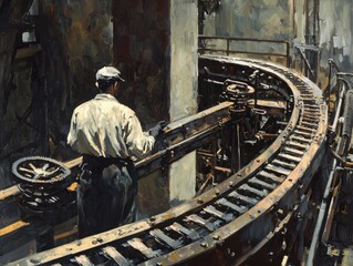Poster - A focused worker inspects machinery on a curved conveyor belt in an industrial setting, showcasing dedication and craftsmanship in a vintage factory atmosphere.