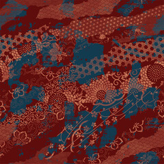 Wall Mural - japanese style traditional fabric patchwork wallpaper grunge floral vector seamless pattern for shir