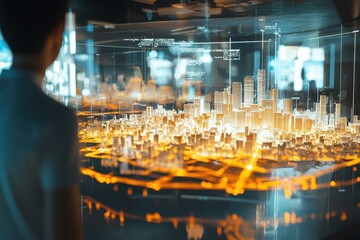 Poster - Futuristic Technology Visualization of a Cityscape with Interactive Data Displays for Smart Urban Development Concepts and Innovation