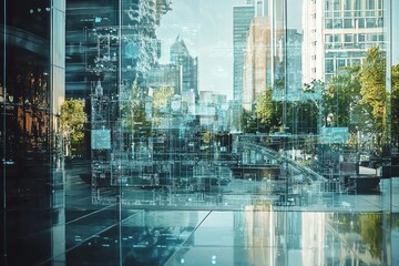 Poster - Futuristic Urban Landscape With Digital Overlay Showcasing Architectural Elements, Technology Integration, and City Life Reflected in Glass Structures