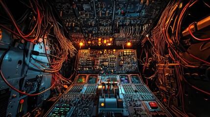 Complex aircraft cockpit control panel with wiring and illuminated displays at night.