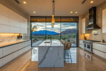 Wall Mural - Modern kitchen with mountain view, featuring sleek design and natural light.