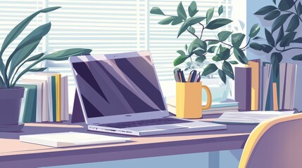 Poster - Modern home office workspace featuring a sleek laptop, stationery, books, and lush greenery, creating a serene and productive environment for remote work.
