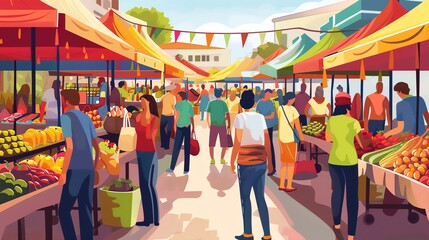 Canvas Print - An illustration of a busy outdoor market with people shopping for fresh produce.