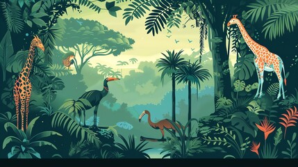 Canvas Print - An illustration of a lush jungle with a variety of animals and plants.