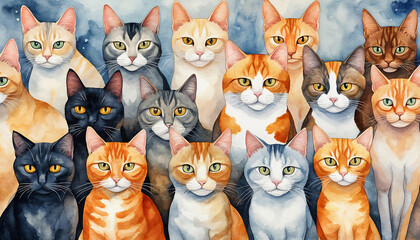 Naklejka na meble Group of sweet cats sitting closely, their faces creating a delightful pattern. Painted in soft watercolor with earthy tones, perfect for cat lovers.