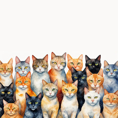 Naklejka na meble Group of sweet cats sitting closely, their faces creating a delightful pattern. Painted in soft watercolor with earthy tones, perfect for cat lovers.