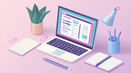 Poster - Stylish and Modern Workspace Illustration Featuring Laptop, Notebooks, Pen, and Green Plant on Soft Pink Background for Creative Projects and Digital Solutions