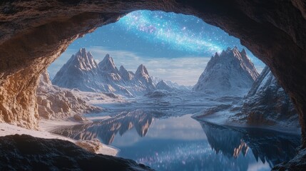 Wall Mural - Cave opening reveals snowy mountains, lake, and starry night sky.