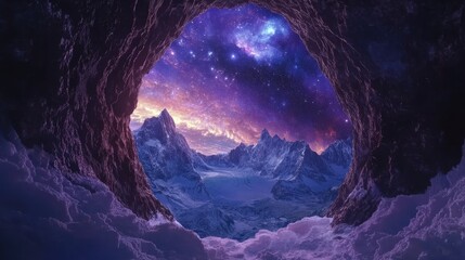 Wall Mural - Cave opening reveals a stunning, vibrant, cosmic snowy mountain range landscape.