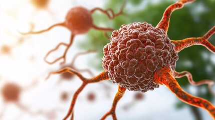 Poster - Detailed Illustration of Cancer Cells Highlighting the Intricate Structure and Behavior of Malignant Tumors in a Close-Up Perspective with Nerve Connections