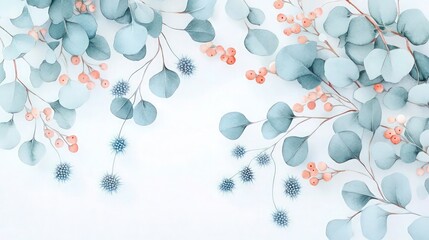 Wall Mural - vibrant watercolor eucalyptus arrangement blended with pale blue thistle and subtle hints of coral-pink berries. Each element is hand-painted with fine detail.