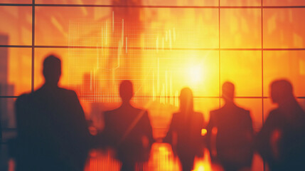 Poster - Business leaders silhouette against sunset backdrop with graphs