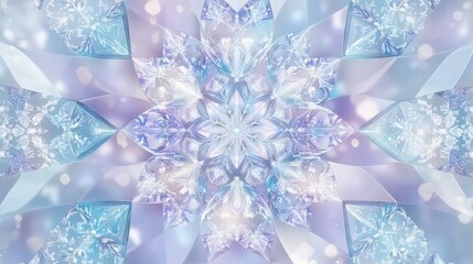 Wall Mural - a dazzling kaleidoscope pattern in shades of icy blue, lavender, and silver, within of white that resemble snowflakes.
