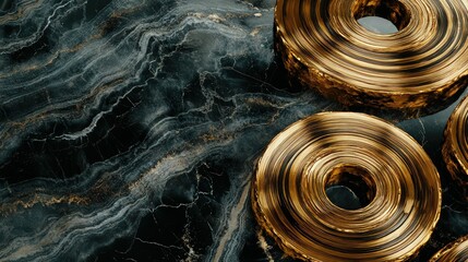 Wall Mural - a polished gold and ebony wood ring pattern layered on a smooth, jet-black marble texture. The dark, glossy marble enhances the shine of the golden tree rings.