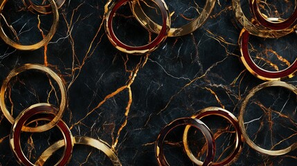 Wall Mural - a lavish black marble background with gold and ruby red wood rings   , radiant metallic finish, while subtle ruby hues add warmth to the composition, creating a sense of opulence and classic luxury.