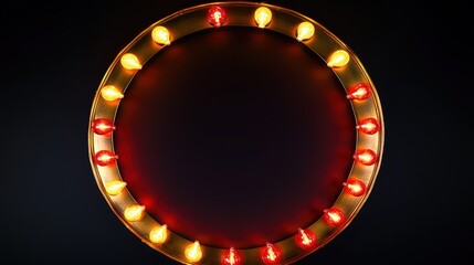 Sticker - bold, brass-colored circular frame with alternating red and yellow bulbs that emit a vintage carnival glow, standing out vividly against a pitch-black background